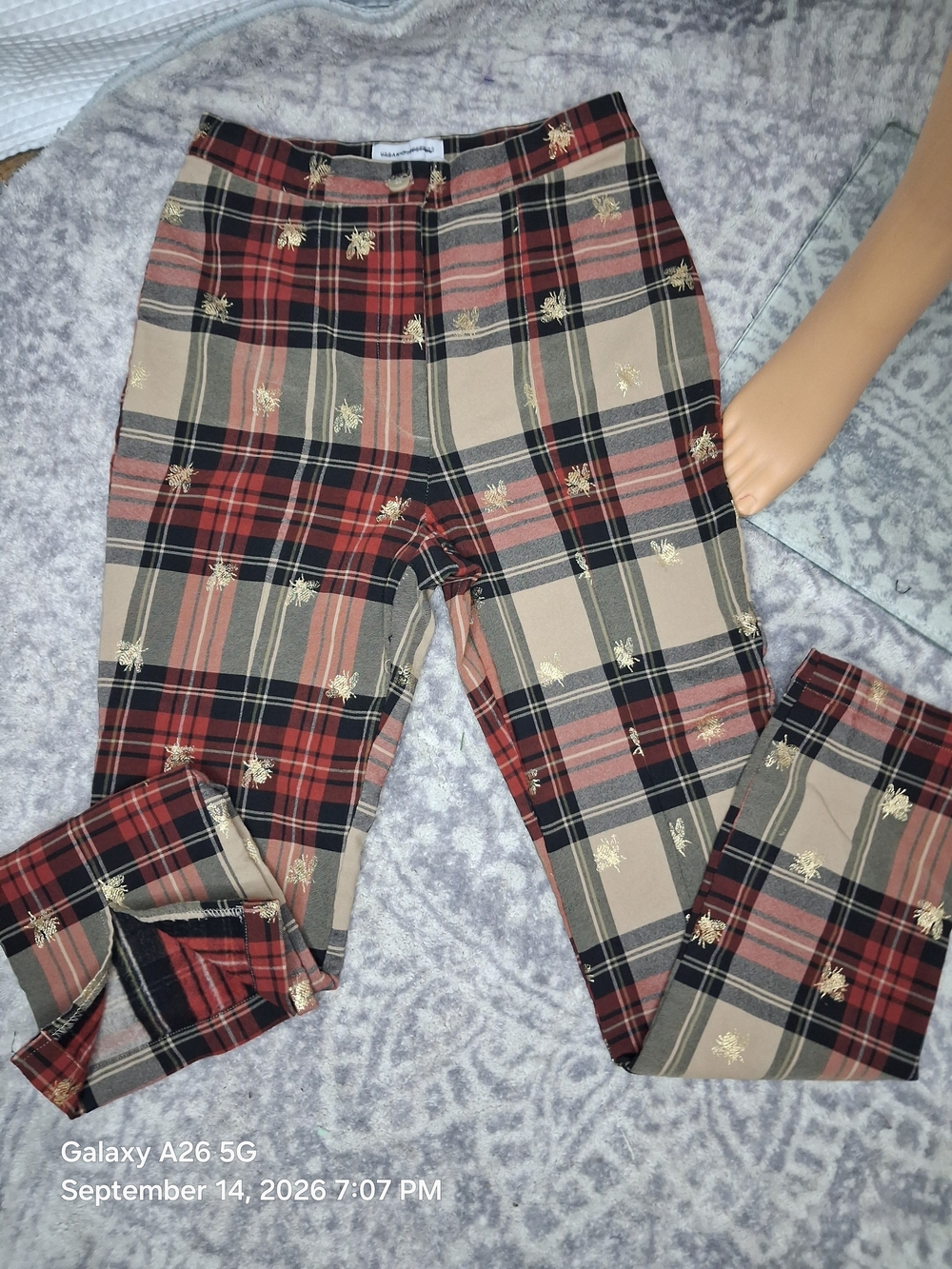 Urban Outfitters Red Tan Plaid Leggings with Gold Bee Detail